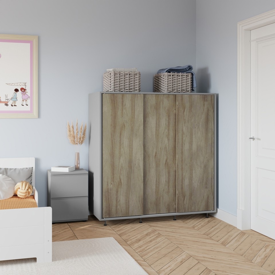 image 1 of 120cm 3 Sliding Doors Children Kids Wardrobe Bedroom Storage Closet Hanging Rail | Multi | Grey with Oak Doors | 1