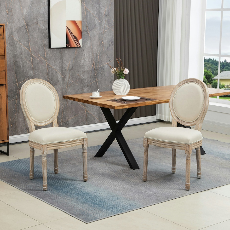 image 1 of HOMCOM French-Style Dining Chairs Set of 2 with Linen Upholstery, Cream