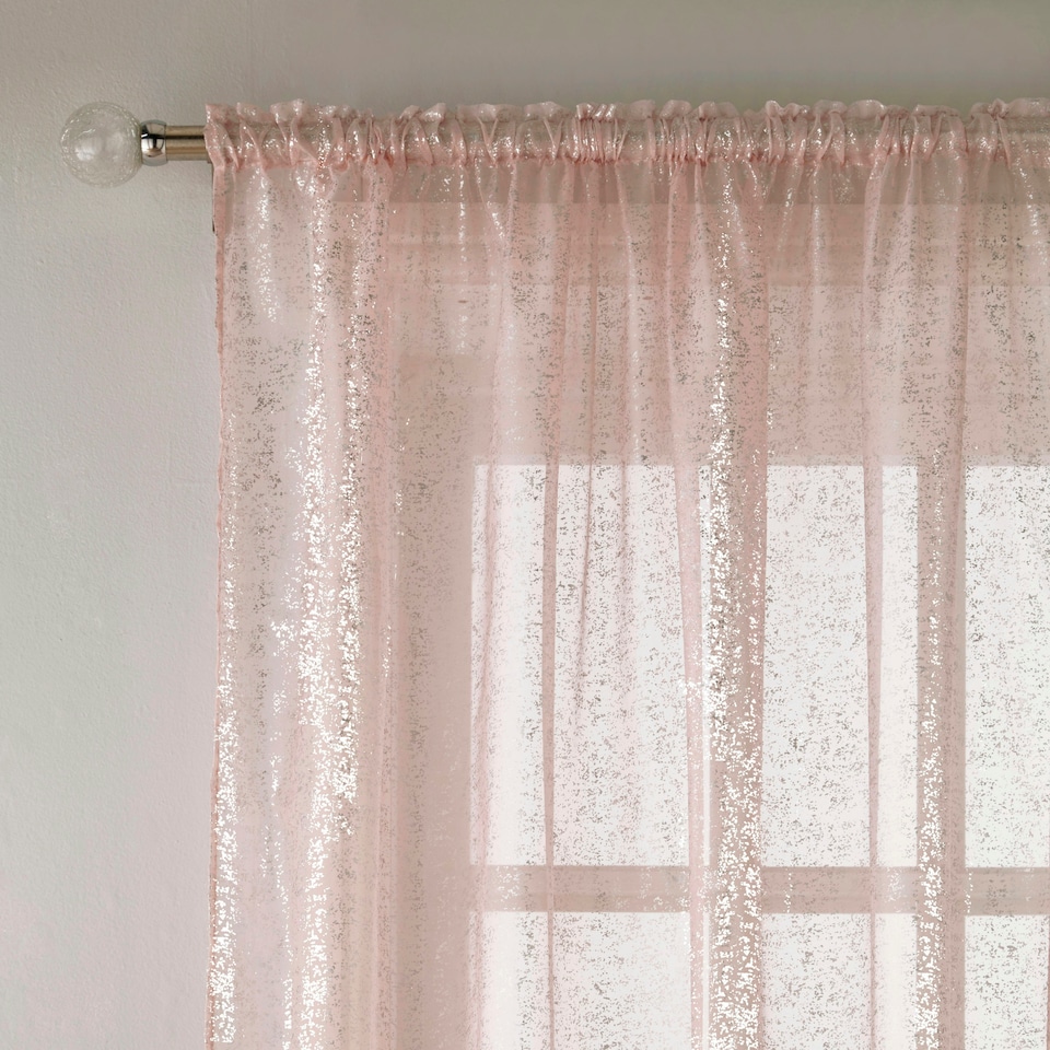 image 1 of Pair of Pandora Blush Metallic Print Voile Panels 122 cm (48 inch) Rod Pocket Panels for Bedroom and Living Room