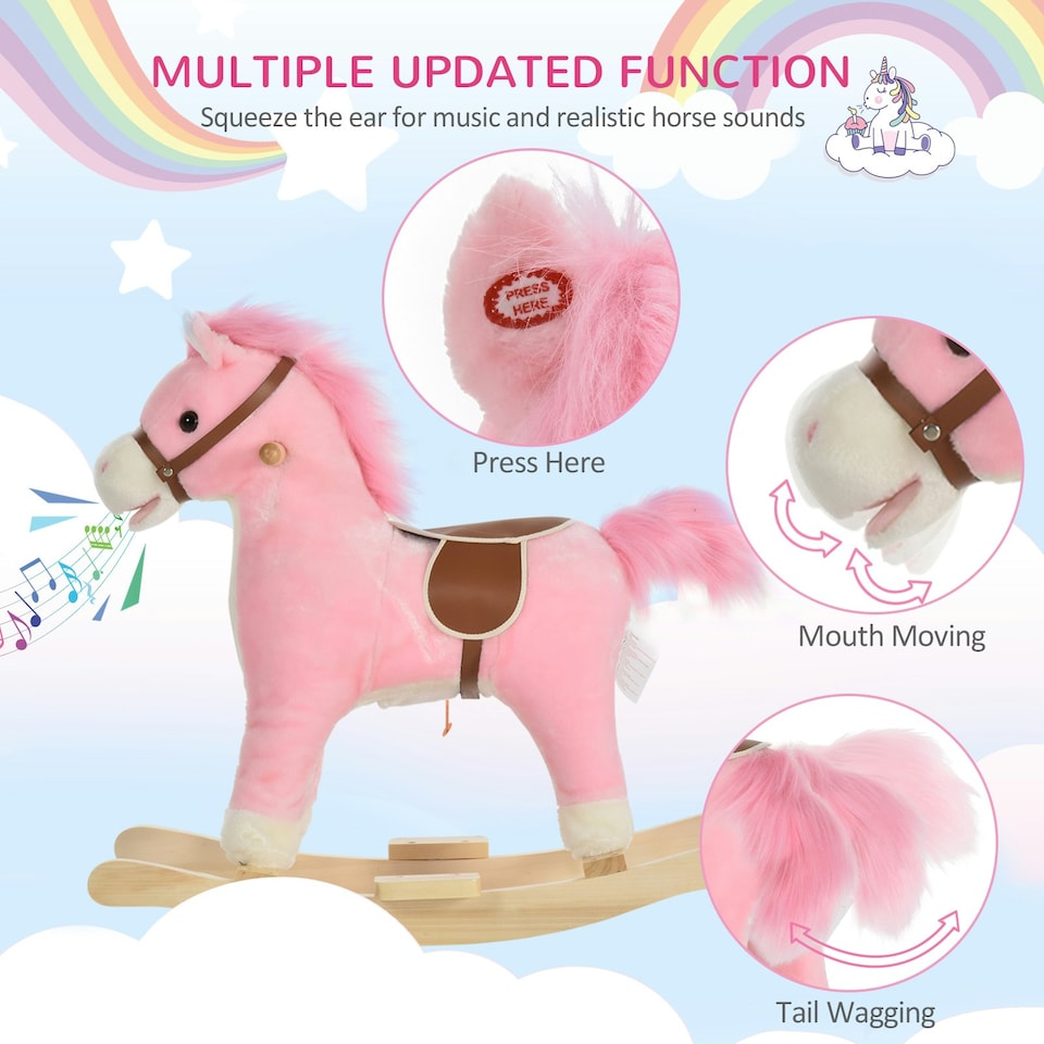 image 1 of HOMCOM Kids Plush Rocking Horse w/ Moving Mouth Tail Sounds 18-36 Months Pink