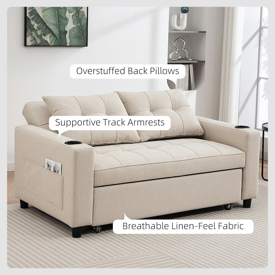 image 1 of HOMCOM 2 Seater Pull Out Sofa Bed with Pockets for Living Room Beige