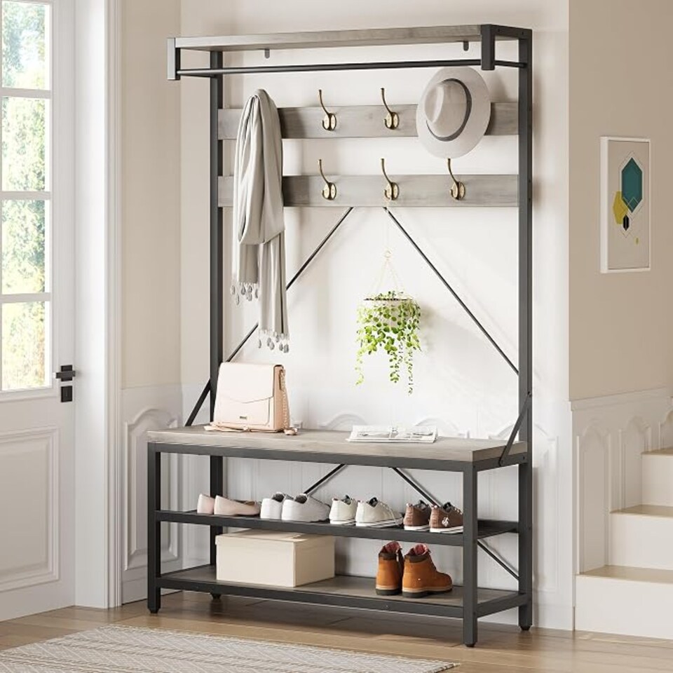image 1 of London Boutique Hall Tree with Bench & 2-Tier Shoe Rack 102x40x183cm