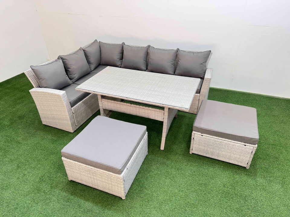 image 1 of Fimous 8 Seater Rattan Garden Furniture Set Outdoor Patio Dining Corner Sofa Sets with Dining Table 2 Big Footstools Light Grey Mixed