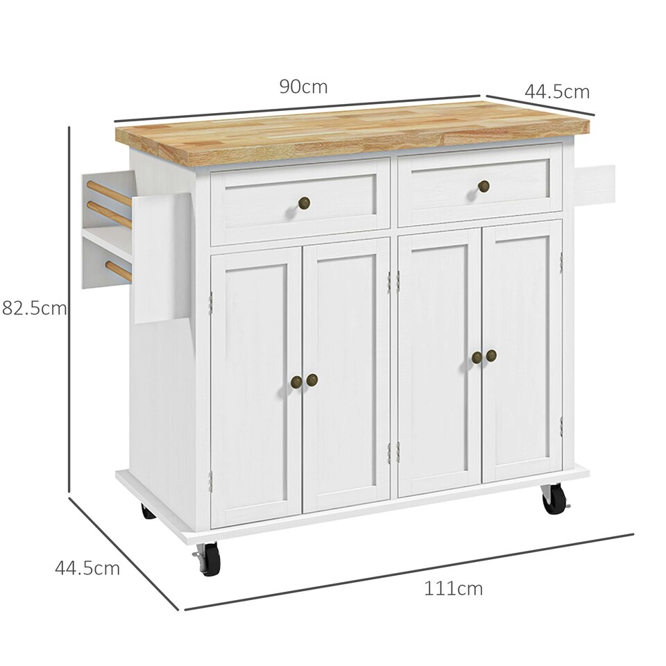 image 1 of HOMCOM Rolling Kitchen Island Cart with Rubber Wood Top, White