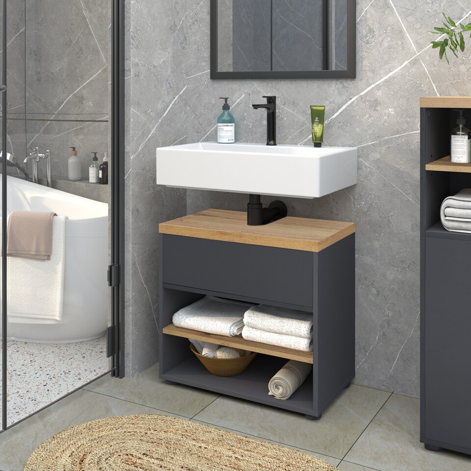 image 1 of Thessa Sink Cabinet 60cm with 1Flap Anthracite Oak Look | Grey | Anthracite/Oak