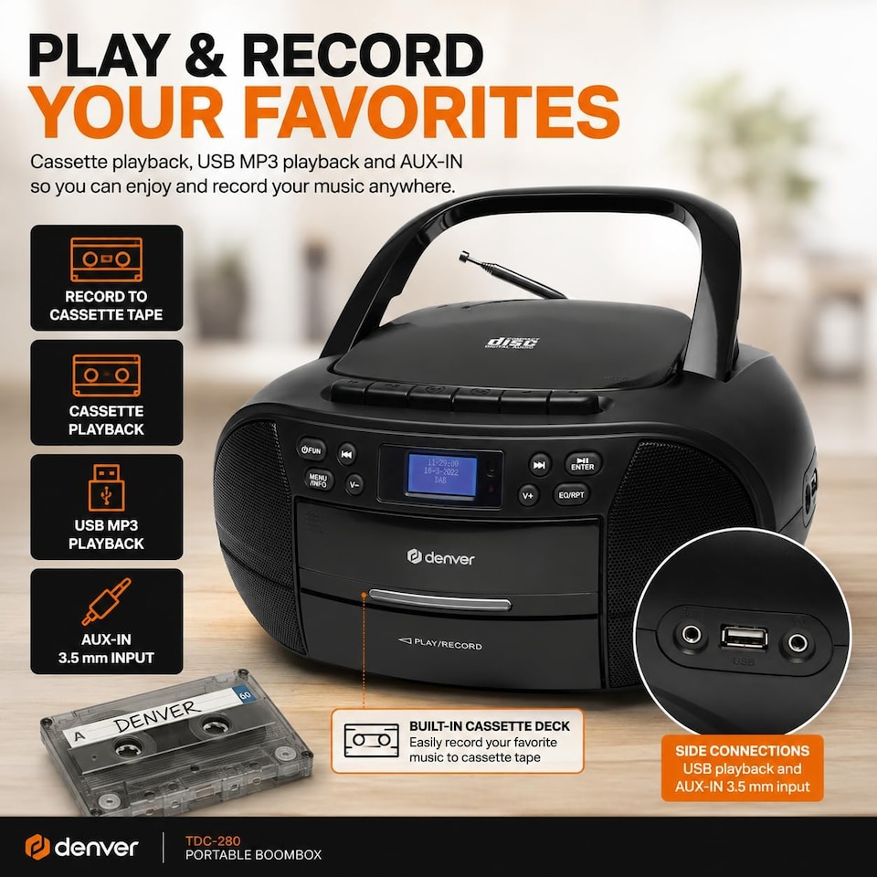image 1 of Denver Portable Radio CD Tape Cassette Player With DAB Radio – Mains or Battery Power - TDC-280 | Black