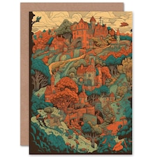 Village Forest Coral Teal Blue Illustration Travel Art Card