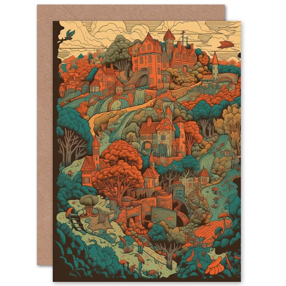 image 1 of Village Forest Coral Teal Blue Illustration Travel Art Card