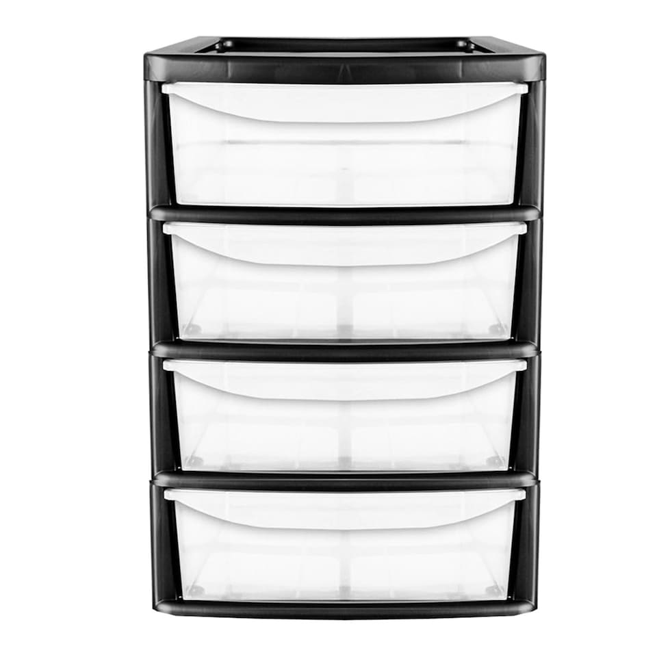 image 1 of Black A4 Desktop Bedside 4 Pull Out Storage Tower Units With Clear Drawers For Home Office Black