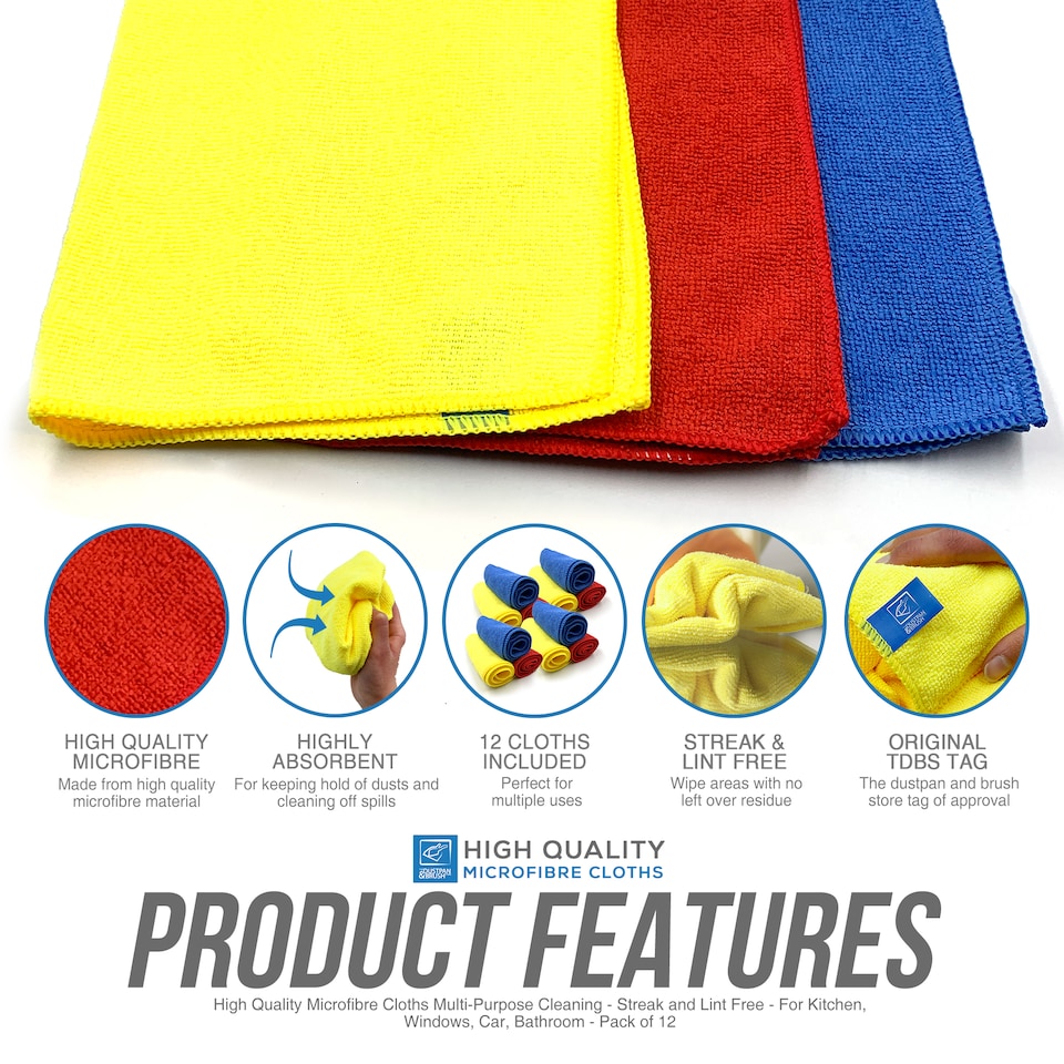 image 1 of Multipurpose Microfibre Cleaning Cloth 40cm x 40cm Super Soft Washable and Lint Free - Pack of 12