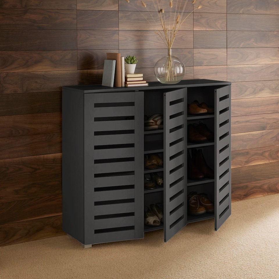 image 1 of Oslo 3 Door Wooden Shoe Storage Cabinet Rack Stand Cupboard Slatted Doors | Black