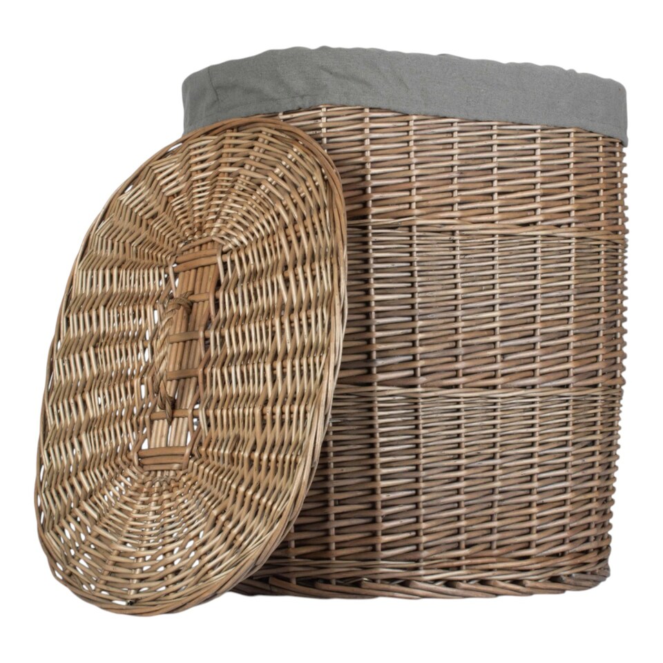 image 1 of Antique Wash Grey Cotton Lined Oval Willow Laundry Basket