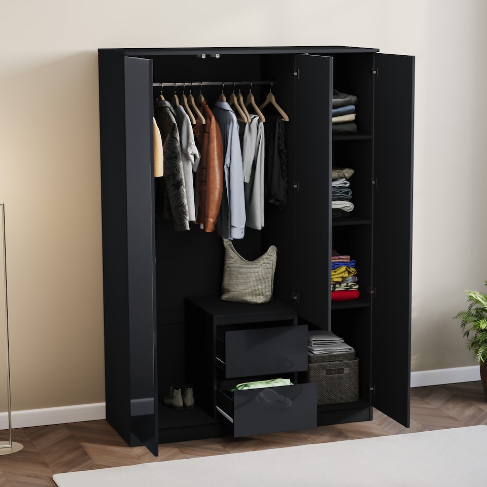 image 1 of Vida Designs Glinton 3 Door 2 Drawer Wardrobe With Clothes Rail, Black