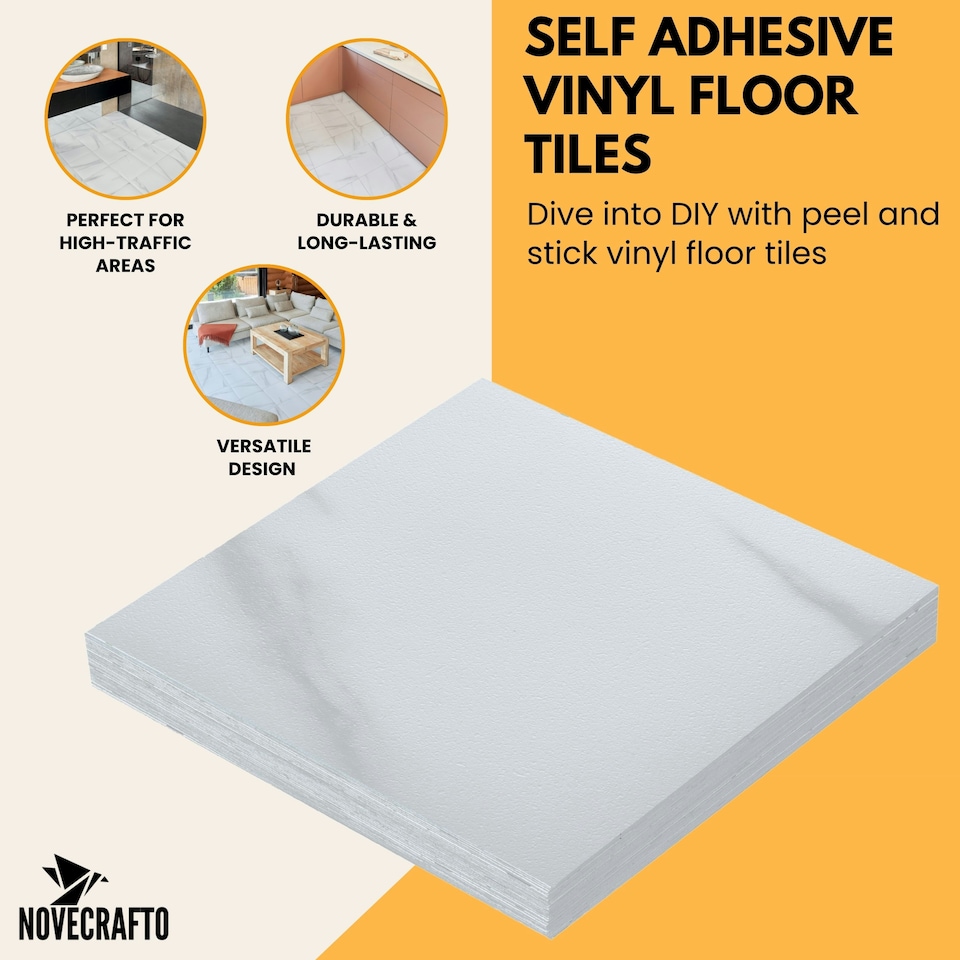 image 1 of NOVECRAFTO Vinyl Floor Tiles Self Adhesive – 18x18in Peel and Stick Waterproof Square Flooring for Kitchen, Bathroom & More – White Marble Design White | 4.17 sqm