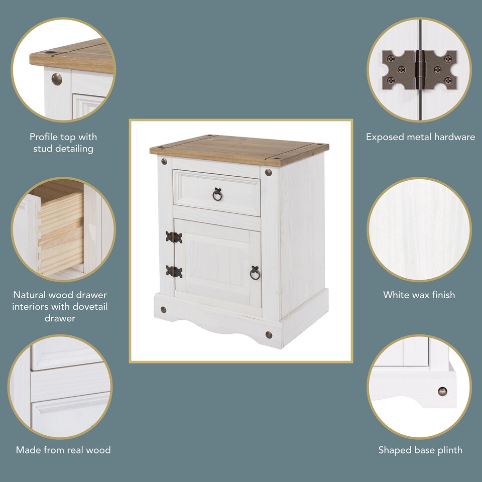 image 1 of Corona Premium Bedside Cabinet - Mexican Pine Design with Dovetail Drawer and Metal Hardware | White | White Wax | One Size | 1