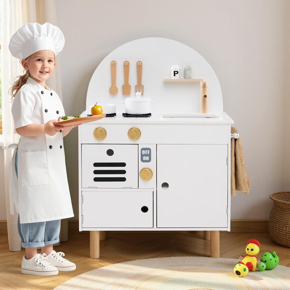 image 1 of COSTWAY Pretend Play Kitchen Wooden Kitchen Playset with Stoves White