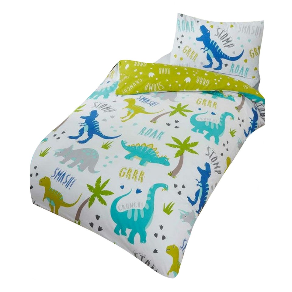 image 1 of Rapport Childrens/Kids Roarsome Dinosaur Duvet Cover Set - White/Green/Blue - Single