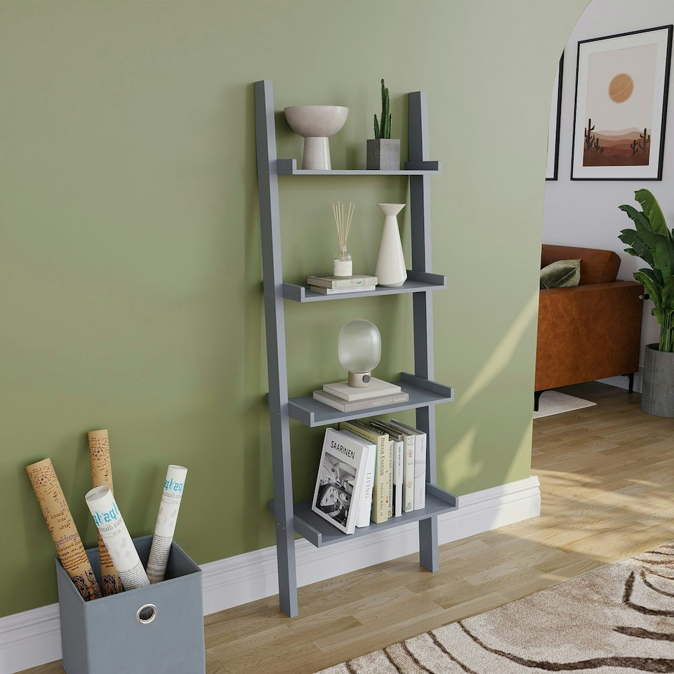 image 1 of Vida Designs York 4 Tier Ladder Bookcase Display Storage, Grey