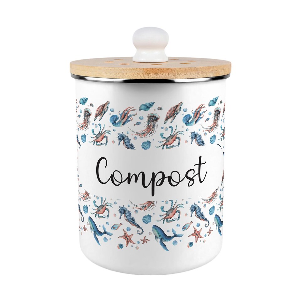 image 1 of Sea Art Compost Caddy - Metal 2L Decorative Kitchen Food Waste Bin