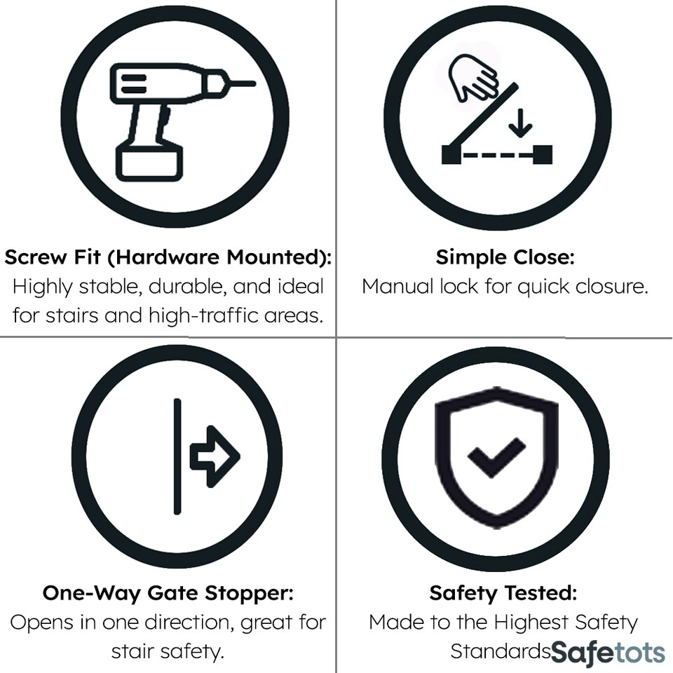 image 1 of Safetots Extra Tall Eco Screw Fit Baby Gate, White, 70cm - 80cm, Extra Tall Gate 100cm in Height, Stair Gate for Baby