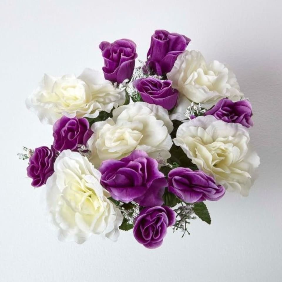 image 1 of Homescapes Set of 2 Pink & Purple Roses Artificial Flowers in Grave Vases