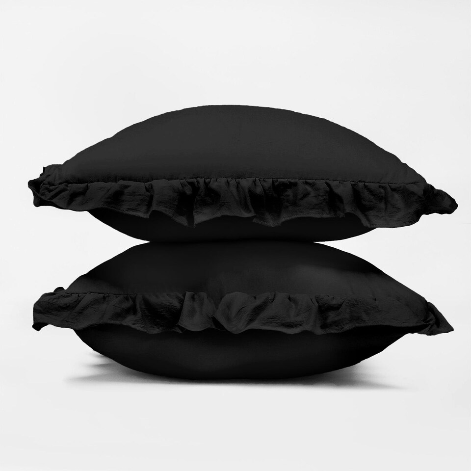 image 1 of OHS 2 x Faux Linen Frill Edged Cushion Covers, 45x45cm - Black