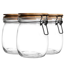 Argon Tableware Wooden Clip Lid Storage Jars - 750ml - Clear Seal - Pack of 3