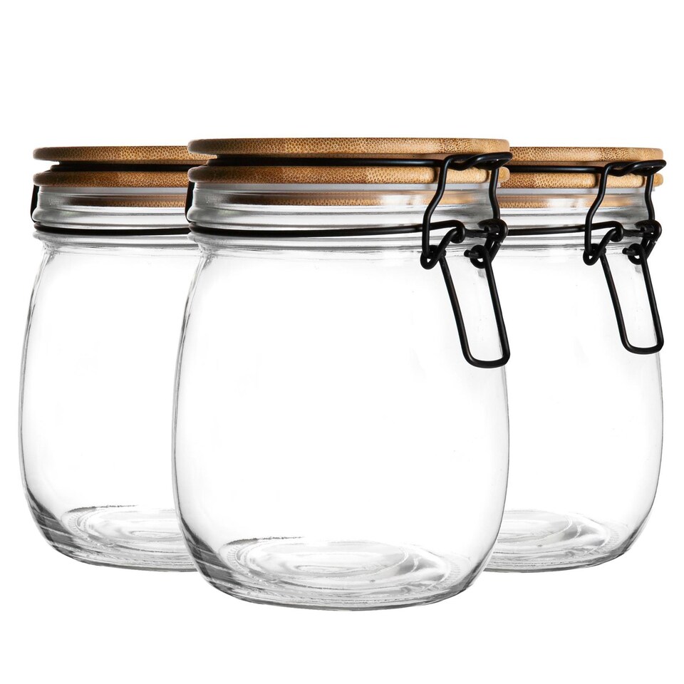 image 1 of Argon Tableware Wooden Clip Lid Storage Jars - 750ml - Clear Seal - Pack of 3