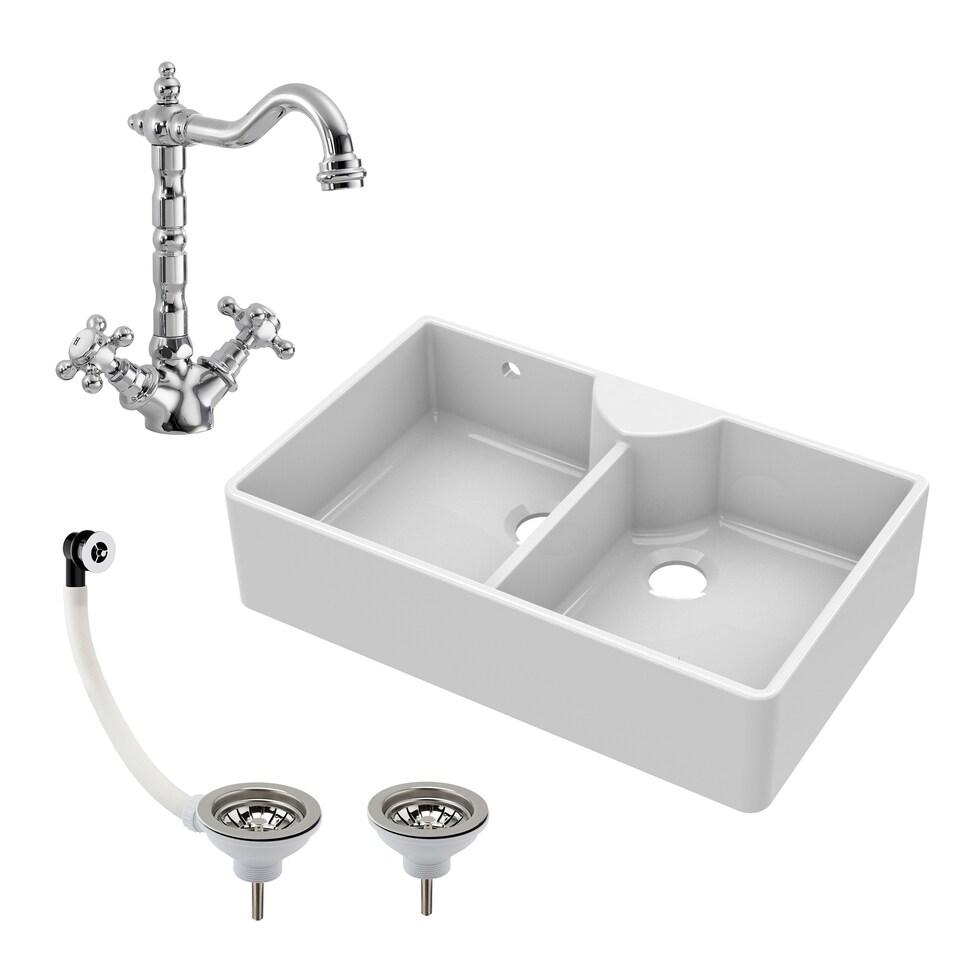 image 1 of 895mm - Double Bowl Fireclay Butler Kitchen Sink - Stepped Weir, Classic Tap & Wastes