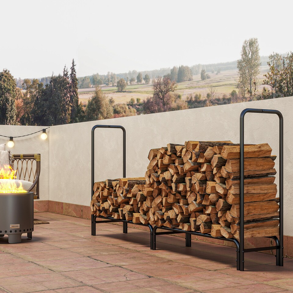 image 1 of Outsunny Firewood Rack with Waterproof Cover, Heavy Duty Metal Log Store Indoors, Log Storage Holder for Outdoor Indoor Fireplace, 200 x 36 x 99 cm, Dark Green