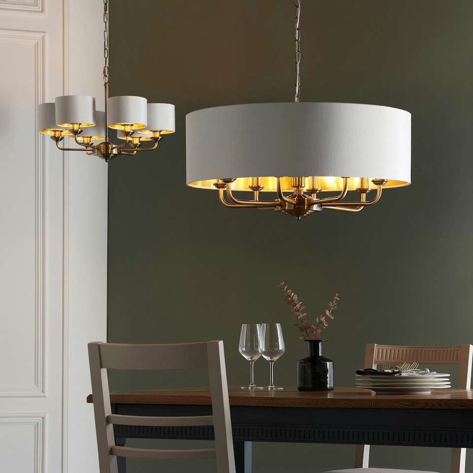 image 1 of Highclere Single Shade Pendant Ceiling Lamp, Antique Brass Plate, Vintage White Fabric