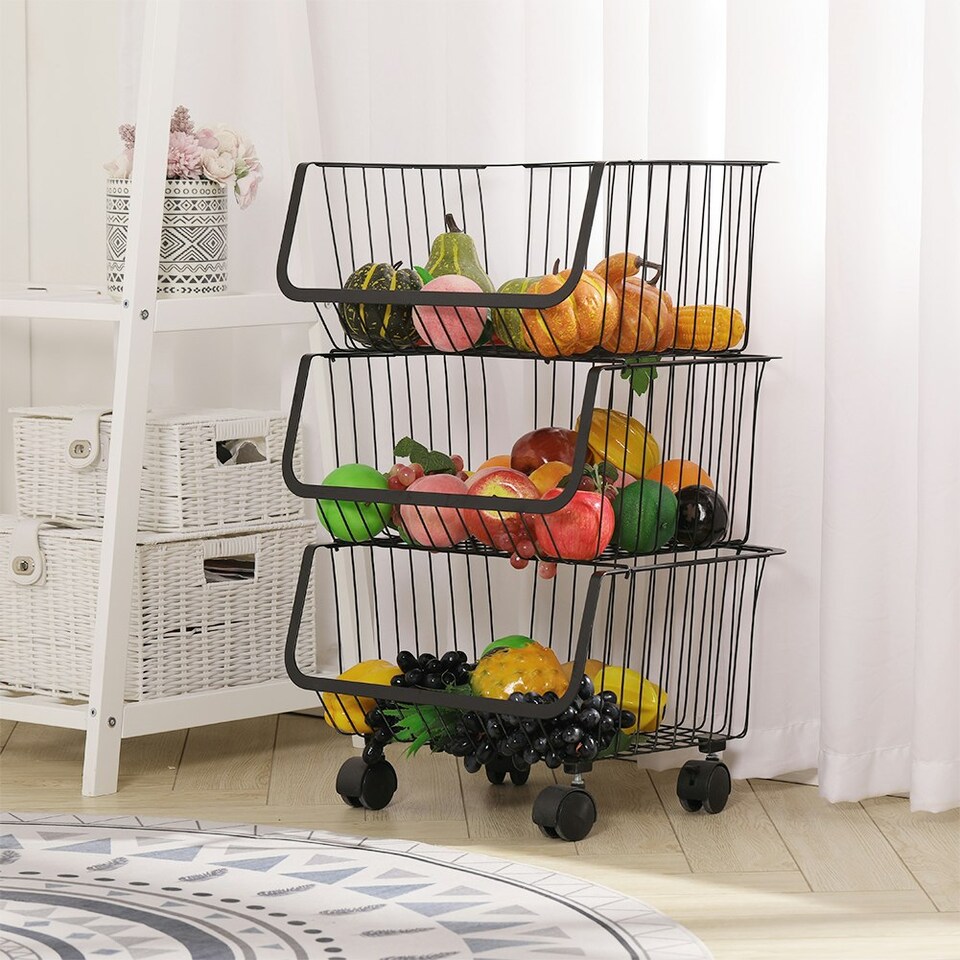 image 1 of Living and Home Stackable Rolling Wire Storage Basket Trolley