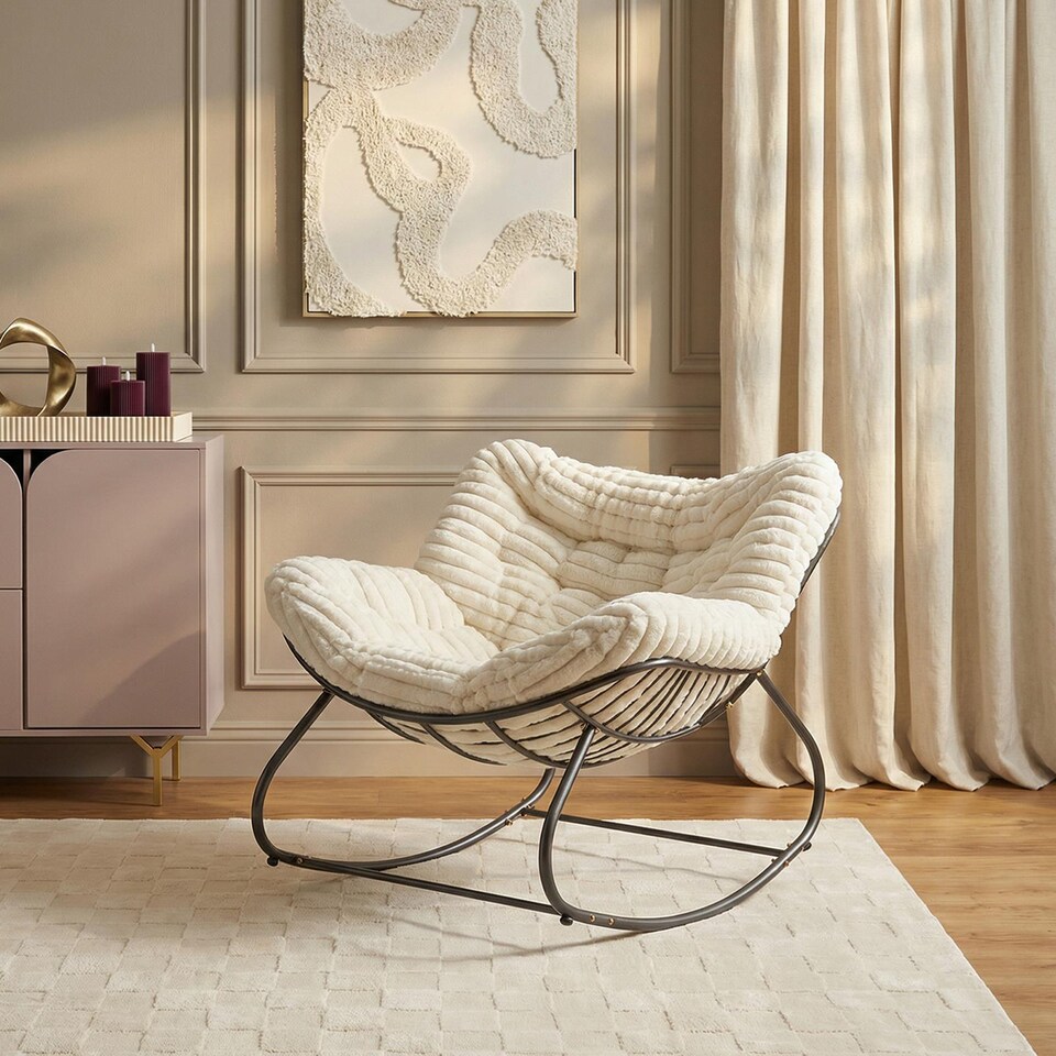 image 1 of OHS Ribbed Faux Fur Rocking Chair Upholstered Metal Frame Cushioned