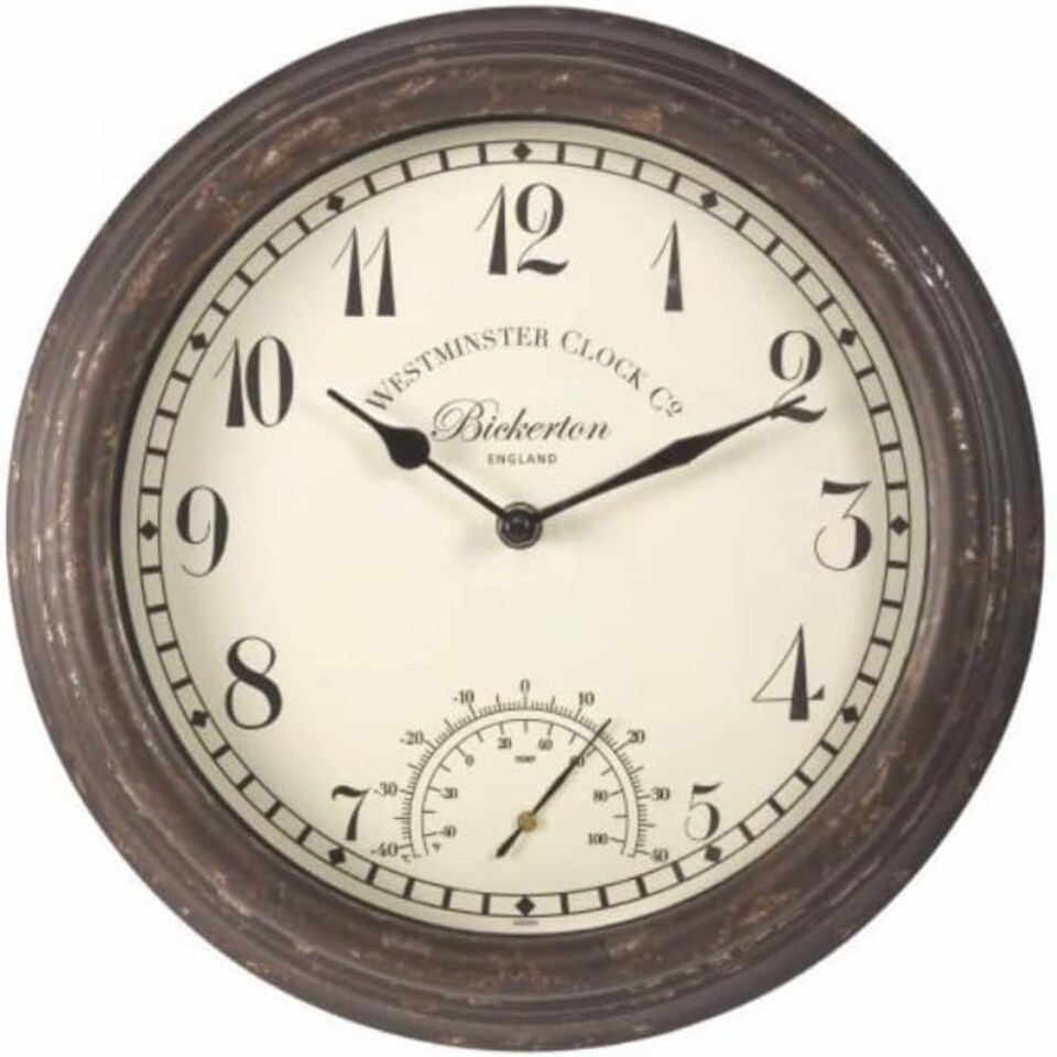 image 1 of Marco Paul 30cm Distressed Wall Clock and Thermometer Brown