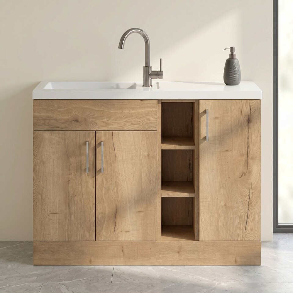 image 1 of Balterley Wichnor Contemporary Floor Standing Compact 3 Door Combination Vanity Basin Unit with Open Shelves and Polymarble Basin, 1100mm, Autumn Oak