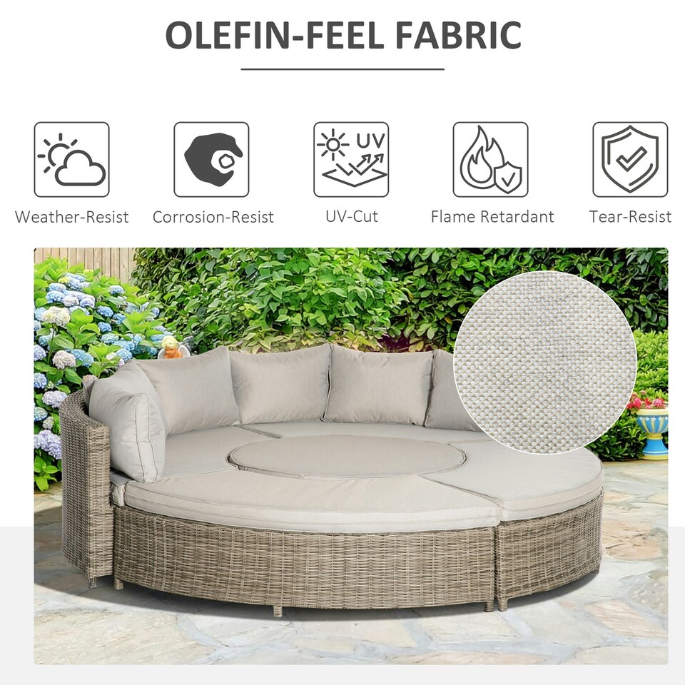image 1 of Outsunny 5 PCs Outdoor Rattan Lounge Chair Round Daybed Table Set w/ Cushion