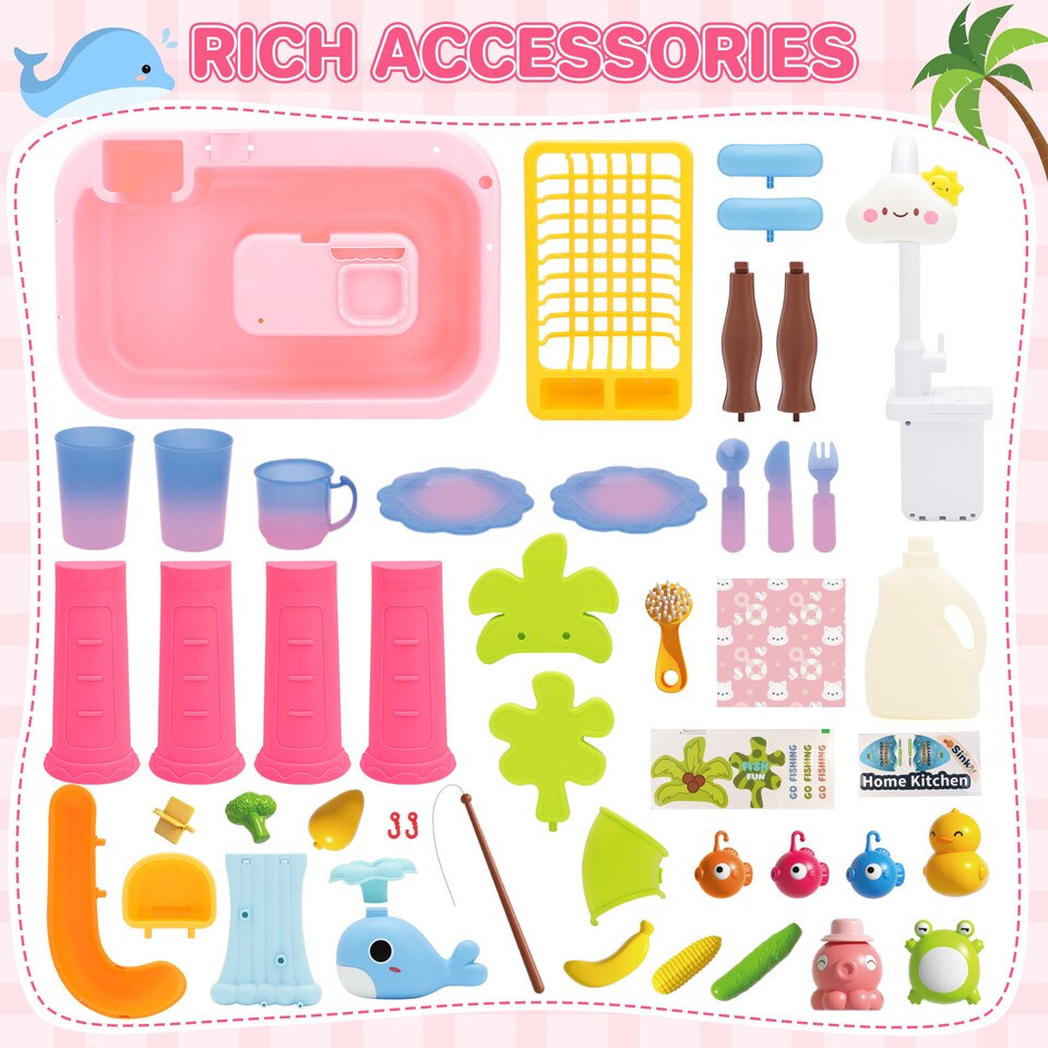 image 1 of 2 in 1 Beach Table & Simulation Kitchen Sink Toy Set with Water Supply Function and Color-Changing Tableware - Pink