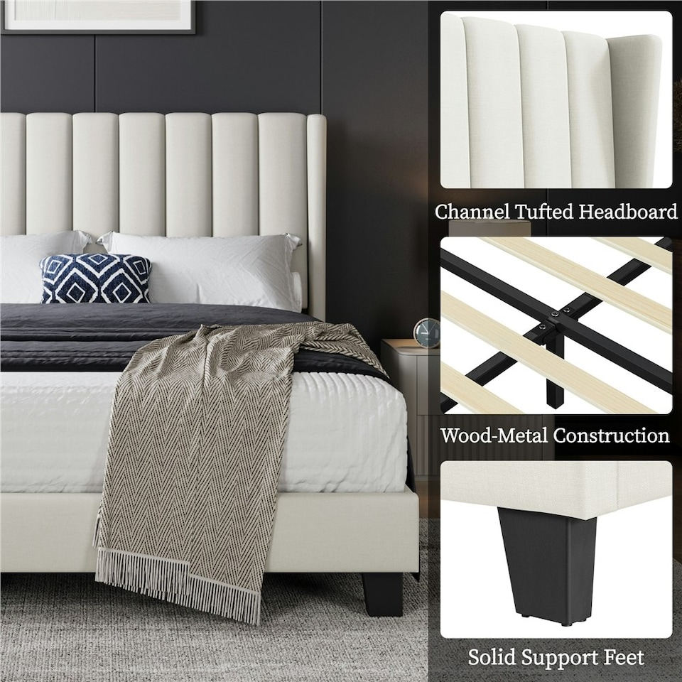 image 1 of Yaheetech 135 cm W x 190 cm L Upholstered Bed Frame with Wing Side Beige