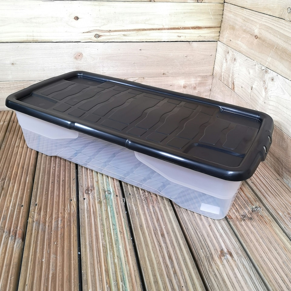 image 1 of 4 x 42L Clear Under Bed Storage Box with Black Lid, Stackable and Nestable Design Storage Solution