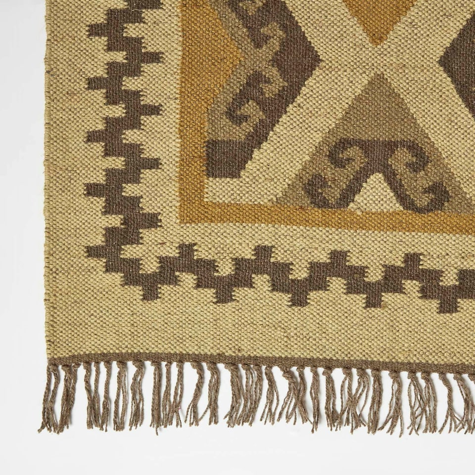 image 1 of Homescapes Ravar Brown and Gold Kilim Runner Wool Rug - 80 x 180 cm | Brown | 80 x 180 cm