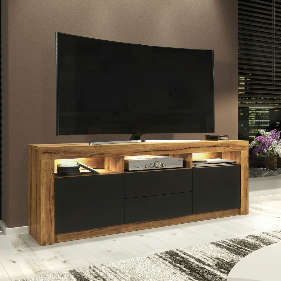 image 1 of TV Unit 160cm Black Matt Doors & Drawers Oak Matt Body Free LED Multi | Oak & Black