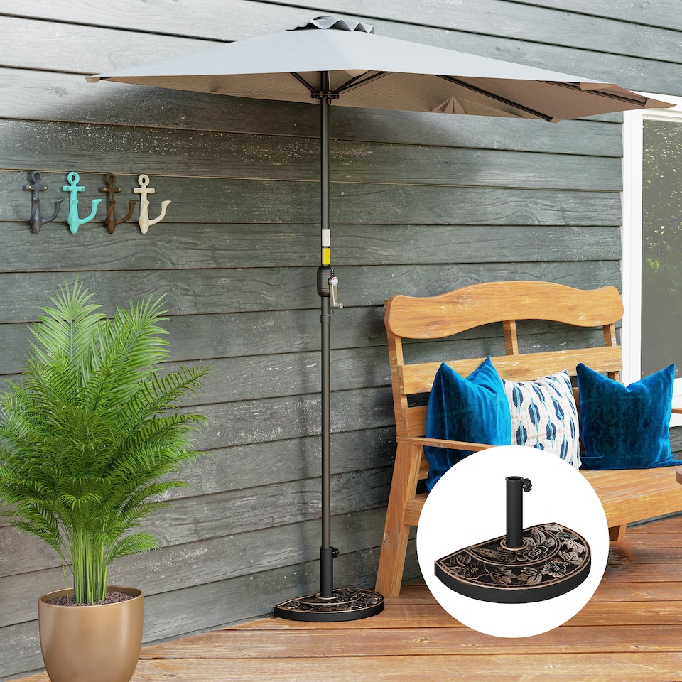 image 1 of Outsunny 9kg Resin Parasol Base Half Round Umbrella Stand with Floral Design for Garden Outdoor Suitable Umbrella Rod 38cm 48cm Bronze Tone