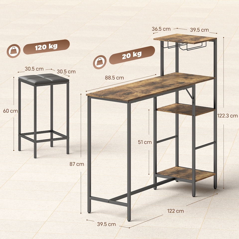 image 1 of HOMCOM 3Pcs Breakfast Bar Table and Stools Set 4-tier shelving | Black | Rustic Brown, Black | Table: 122W x 39.5D x 122.3H cm; Stool: 30.5W x 30.5D x 60H cm