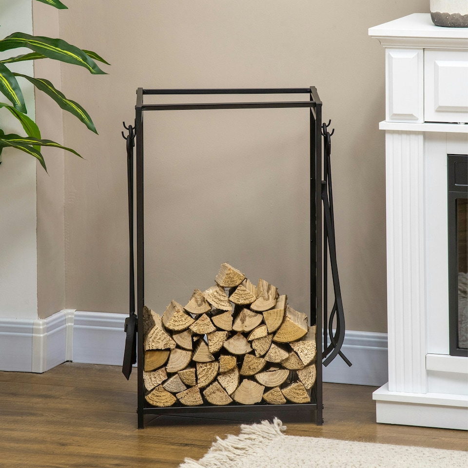 image 1 of HOMCOM Heavy Duty Firewood Log Rack Wood Storage Holder w/ 4 Tools Steel, Black