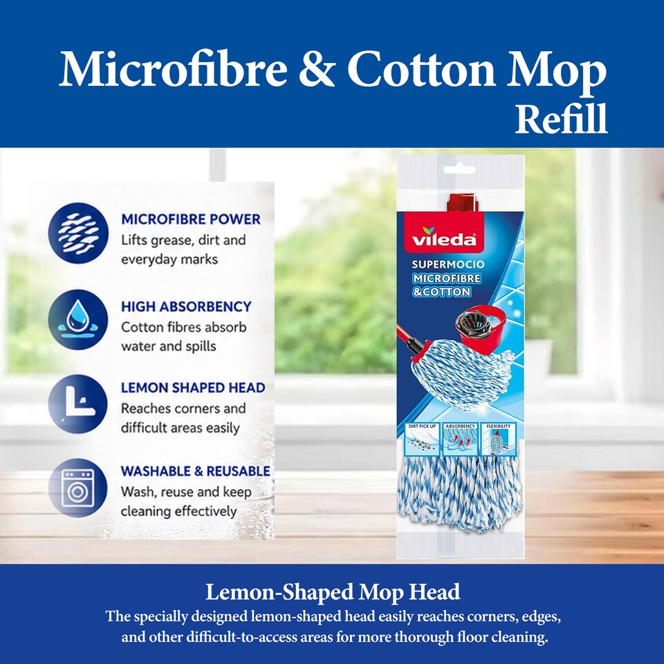 image 1 of Vileda Supermocio Microfiber Cotton Mop Refill Replacement Mop Heads for Corner Cleaning Machine Washable Pack of 2