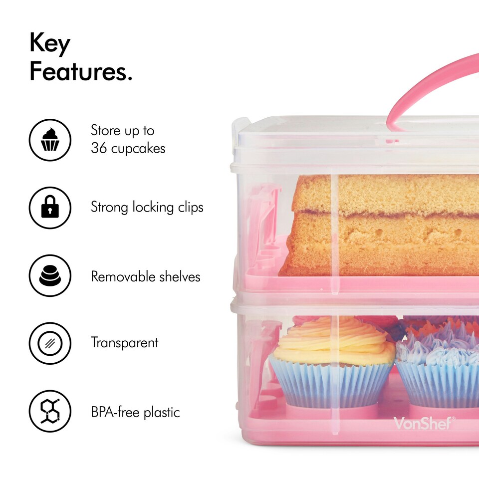 image 1 of VonShef Pink Cupcake Carrier w/ Handle 3 Tier Up to 36 Cakes
