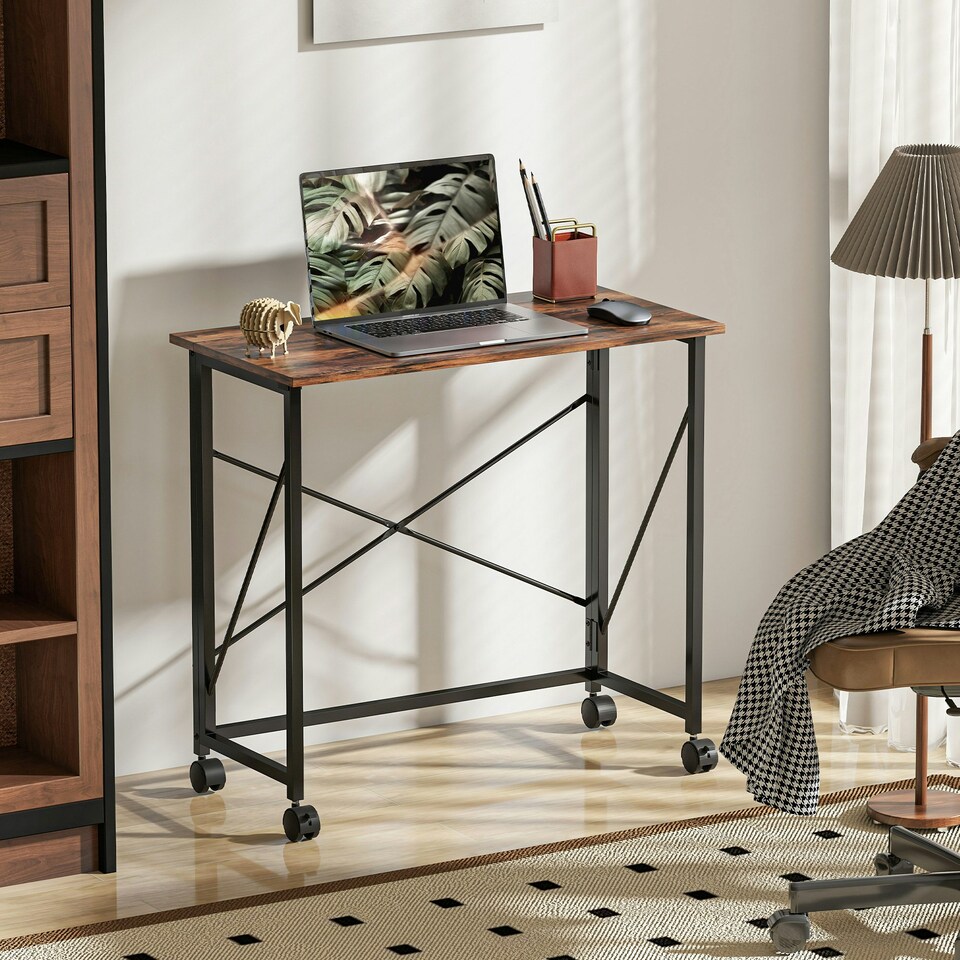 image 1 of HOMCOM Folding Desk on Wheels, Writing Table for Home Office, Brown Brown | White