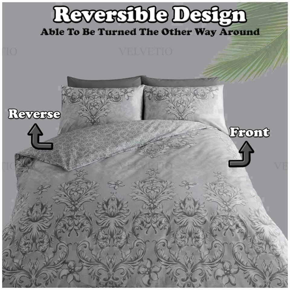image 1 of VELVETIO Antoinette Printed Duvet Cover Set Reversible Polycotton Beddings Grey | Double