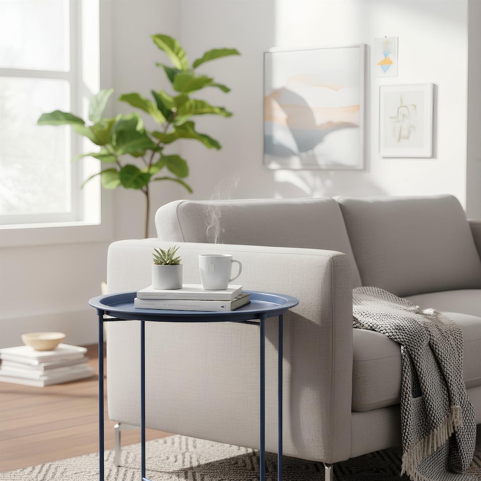image 1 of Harbour Housewares Round Steel Tray Tables - Matt Navy - Pack of 2 | Blue | Matt Navy
