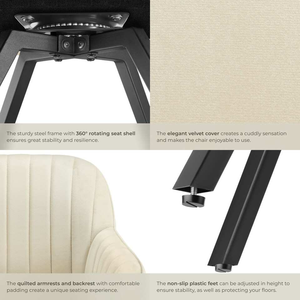 image 1 of Lounge Armchair Living Room Accent Chair 360 Swivel Slim Steel Legs Velvet Fabric  - Set of 2 Cream
